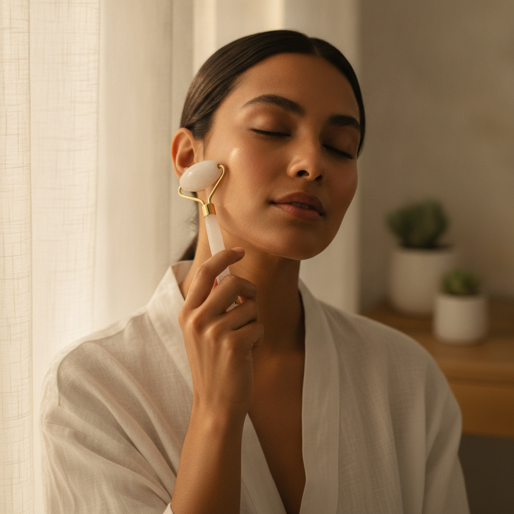 Woman applying PURALUM crystal roller to face