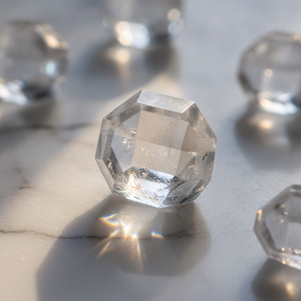 Raw potassium alum crystals catching light on marble