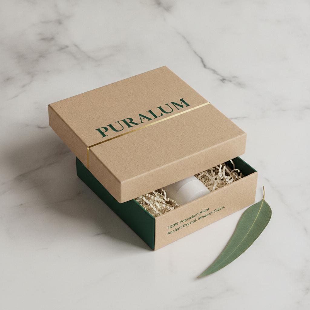 PURALUM unboxing — kraft packaging with crystal roller inside