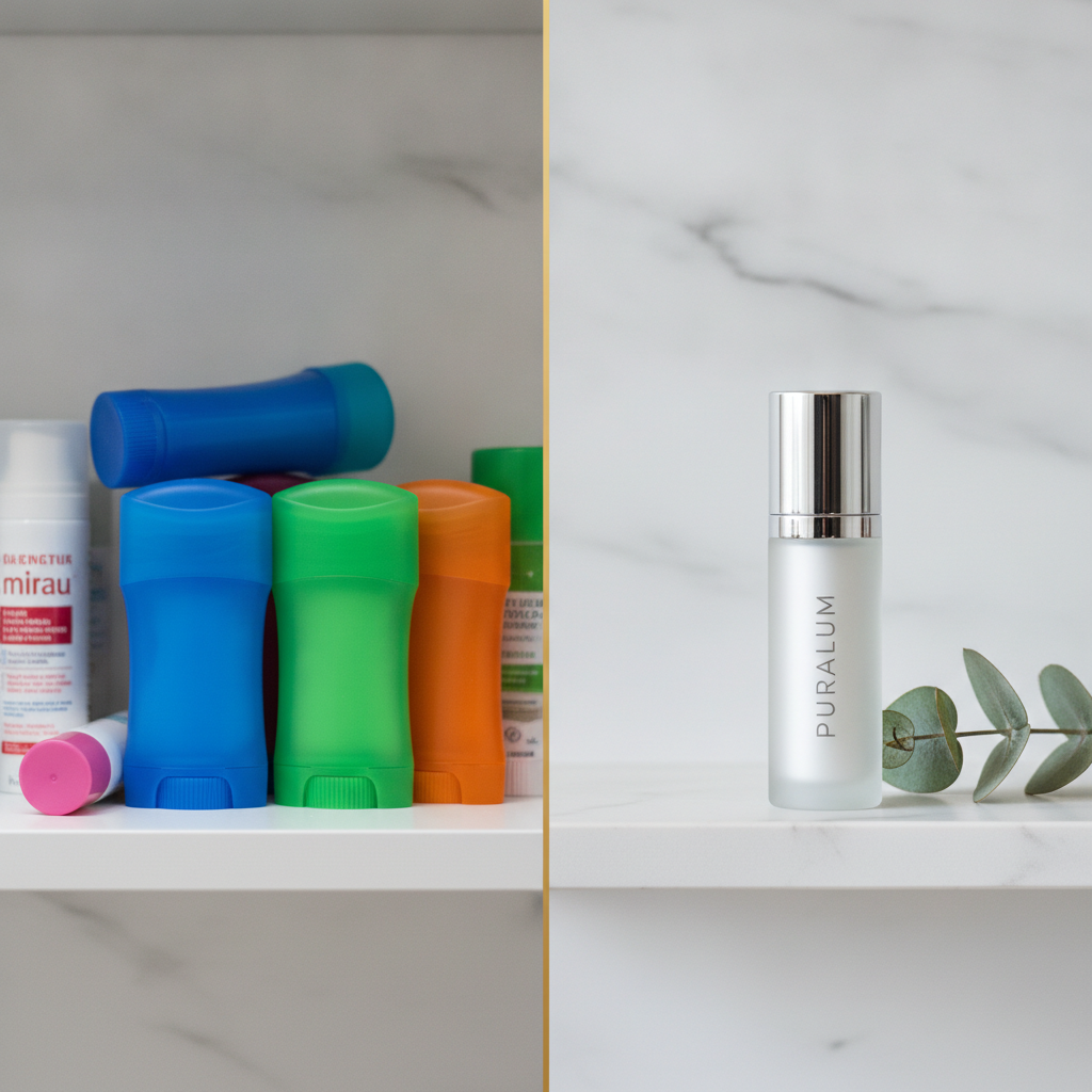 Cluttered chemical deodorants vs single PURALUM crystal